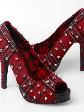 Iron Fist Tartan Studded Peep-Toe High Heels